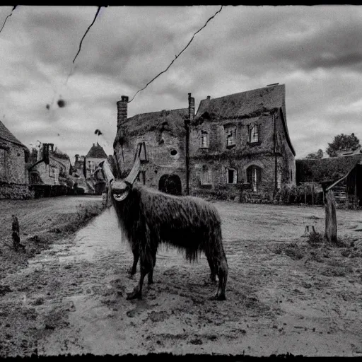 Prompt: horror, moody, still from film, daytime, muddy village square, wide shot, screeching mutant goat monster, powerful and huge, creeping on legs with hands where feet should be, mouth crammed full of filthy jagged teeth, matted brown fur, in muddy medieval village square