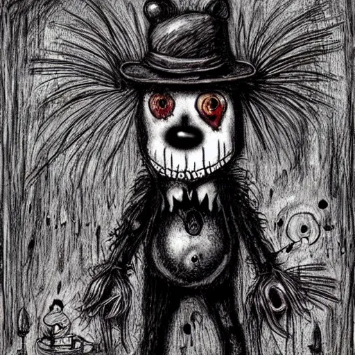 Image similar to dark art cartoon grunge drawing of a teddy bear with bloody eyes by tim burton - loony toons style, horror theme, detailed, elegant, intricate