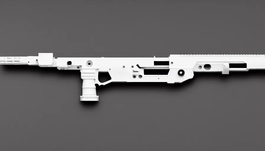 Image similar to extremely detailed ultra realistic side view photo ultra minimalist coilgun rifle, detailed trigger, chemically propelled, electric, smooth streamline, elegant sleek smooth body, white paint, battery and wires, railgun, chemrail, gauss, smooth utopian design, ultra high quality, octane, cod, destiny, warframe, terminator