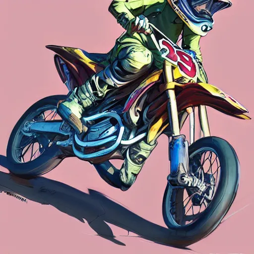 Prompt: motocross bike, gta 5 cover art, in borderlands style, celshading, trending on artstation, by jesper ejsing, rhads, makoto shinkai and lois van baarle, ossdraws