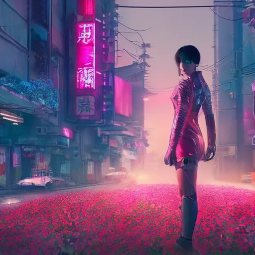 Prompt: woman of flowers, floral, cyberpunk, japanese cyberpunk city, blade runner 2 0 4 9