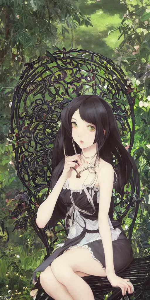 Image similar to a loli with long hair in a black dress sitting on a metal garden chair in the privet garden at afternoon, green and warm theme, back lighting, highly detailed, by krenz cushart and mucha and akihito yoshida and greg rutkowski and makoto shinkai, detailed eyes, 4 k resolution, trending on art station