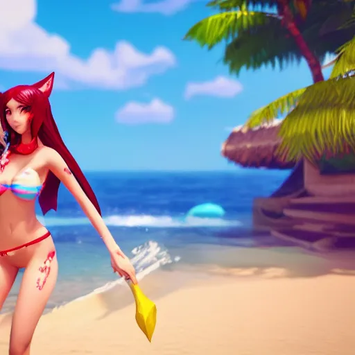 Prompt: beautiful render of League of Legend's pool party Ahri looking at the horizon in a hawaii beach, 3d, octane render, realistic, highly detailed, trending on artstation