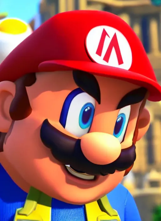 Image similar to film still of tom selleck as mario in super mario odyssey, gameplay, 8 k, hd