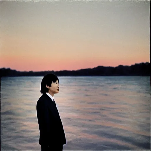 Prompt: japanese man with long hair in a suit standing in the ocean looking at the camera, wide shot, sunset, album cover, 1980, tatsuro yamashita