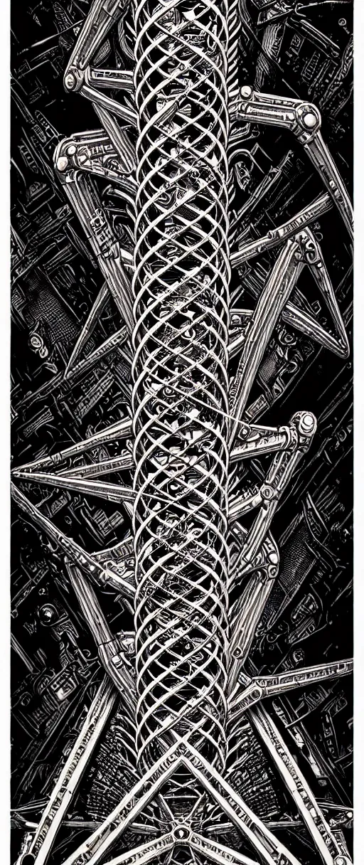 Image similar to a double helix dna cyberpunk steampunk etched pillar, high details, bold line art, by vincent di fate and joe fenton, inking, screen print, masterpiece, trending on artstation, sharp, high contrast, hyper - detailed,, hd, 4 k, 8 k