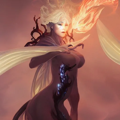 Image similar to female japanese fire elemental, ghostly form, transparent, d & d, highly detailed, digital painting, artstation, concept art, sharp focus, illustration, cinematic lighting, art by artgerm and greg rutkowski and alphonse mucha