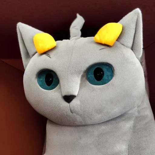 Image similar to gray anthropomorphic, cat female with a whit and chest, wearing a golden crown, big blue eyes, plushy