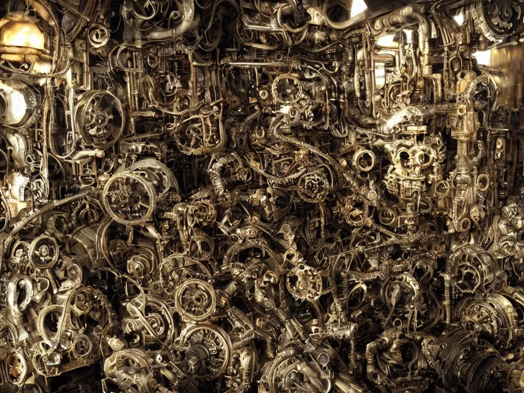 Prompt: < highly detailed machinery, gold silver copper bronze metal, hundreds of gears, a thousand pipes, human skulls, ivory eyeballs, rust, rivets, dark gloomy with creepy lighting, style of H.R. Giger