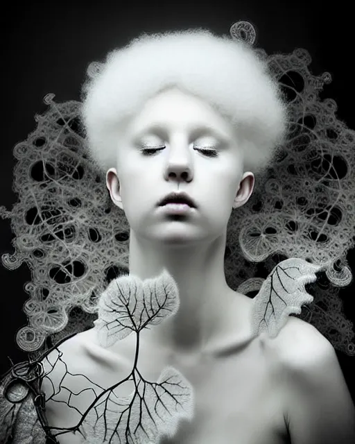 Image similar to dreamy foggy soft luminous bw art photo, beautiful young spiritual albino angelic cyborg biomechanical mandelbrot fractal porcelain profile face, very long neck, halo, white smoke atmosphere, rim light, big leaves and stems, fine foliage lace, alexander mcqueen, art nouveau fashion pearl embroidered collar, steampunk, elegant