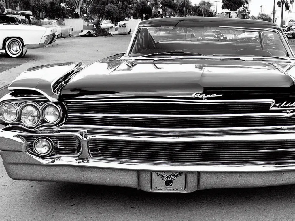 Image similar to “A black and white 28mm photo of a 1964 Chevy Impala lowrider in Los Angeles”