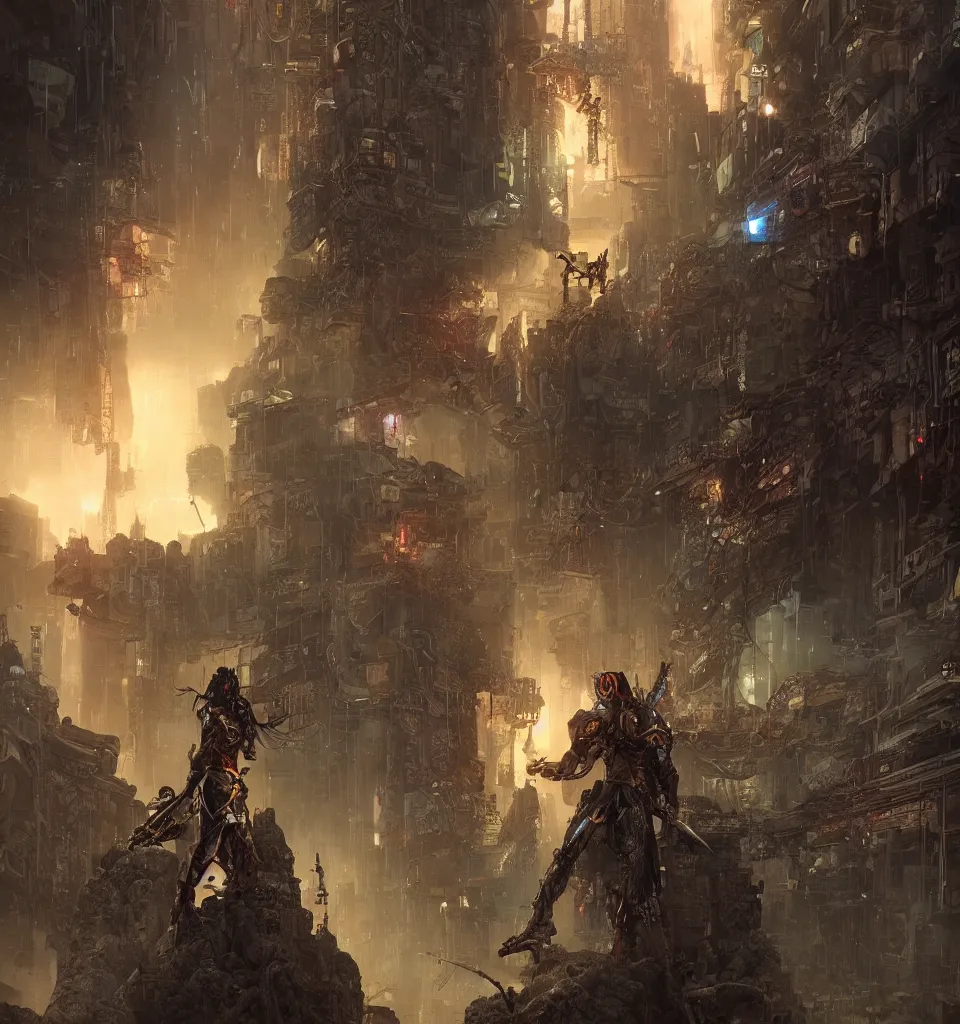 Image similar to cyberpunk gladiator, cinematic, highly detailed, octane render, cg, rich cinematic atmosphere, perfect digital art, mystical journey in strange world, Mystical, cyberpunk, tech war, sci-fi, surreal, glowing lights, sharp focus, high detailed, by Akihiko Yoshida, michael whelan and Karol Bak