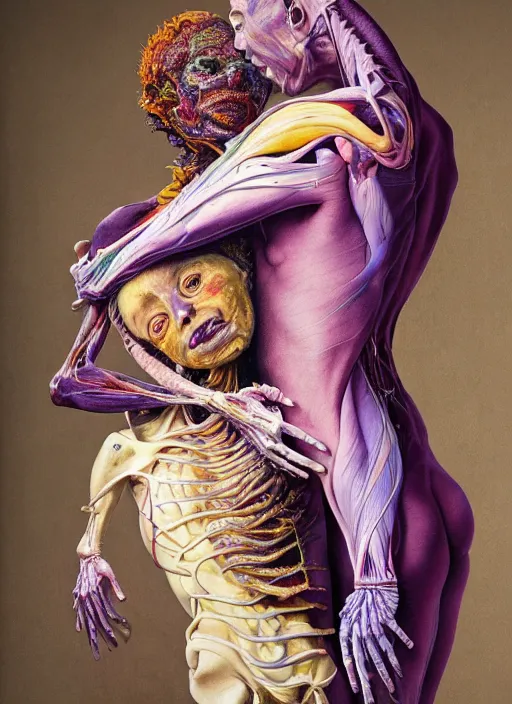 Prompt: a surreal biomorphic, painting of two human figures in a dramatic pose, extra limbs, draped in purple, gold silk, highly detailed, compassionate embrace emotionally evoking, octane render, centre image, by!!! jenny saville and charlie immer!!!, anatomy by arcimboldo and gunter von hagen
