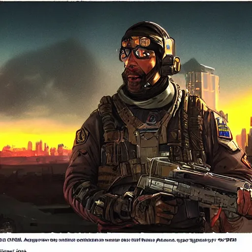 Image similar to Hector. USN special forces futuristic recon operator, cyberpunk headset, on patrol in the Australian neutral zone, deserted city landscape, skyline lit by flares. 2087. Concept art by James Gurney and Alphonso Mucha