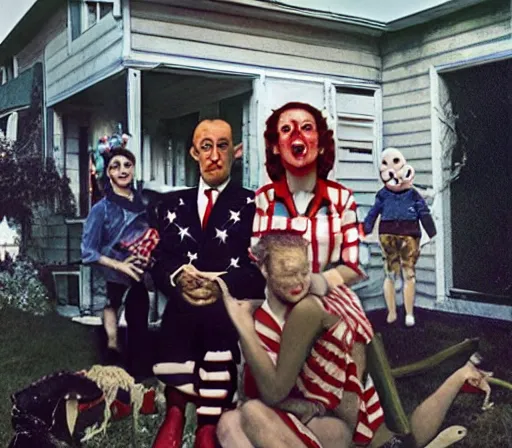 Prompt: full color american nightmare, joel peter witkin photo of 1 9 5 0 s suburban family, capitalist propaganda meets body horror, patriotic nihilism, annie liebovitz, bosch, disney