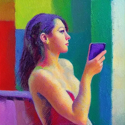 Image similar to a vivid modern impressionist painting of a beautiful woman with a smartphone, oil on canvas, pointillism, trending on artstation