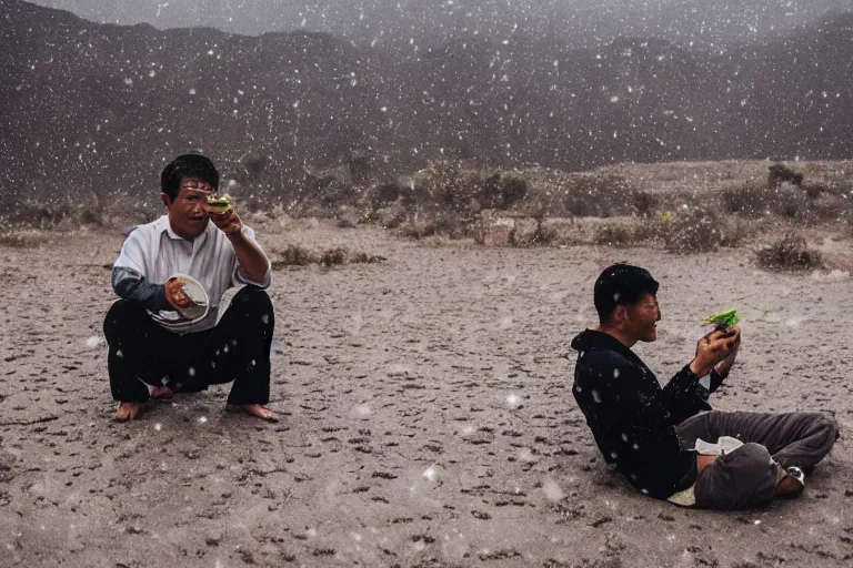 Prompt: asian man eating rice in the desert while its raining and snowing