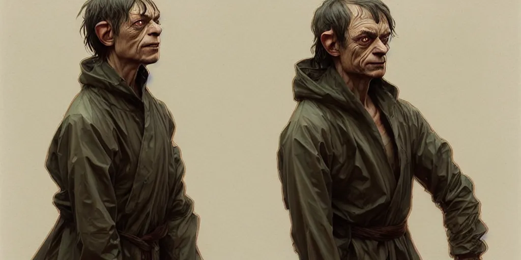 Image similar to ( ( ( ( gollum ) ) ) ) dressed in raincoat, male, clear face, masculine, upper body, highly detailed, digital painting, artstation, concept art, matte, sharp focus, illustration, art by artgerm and greg rutkowski and alphonse mucha