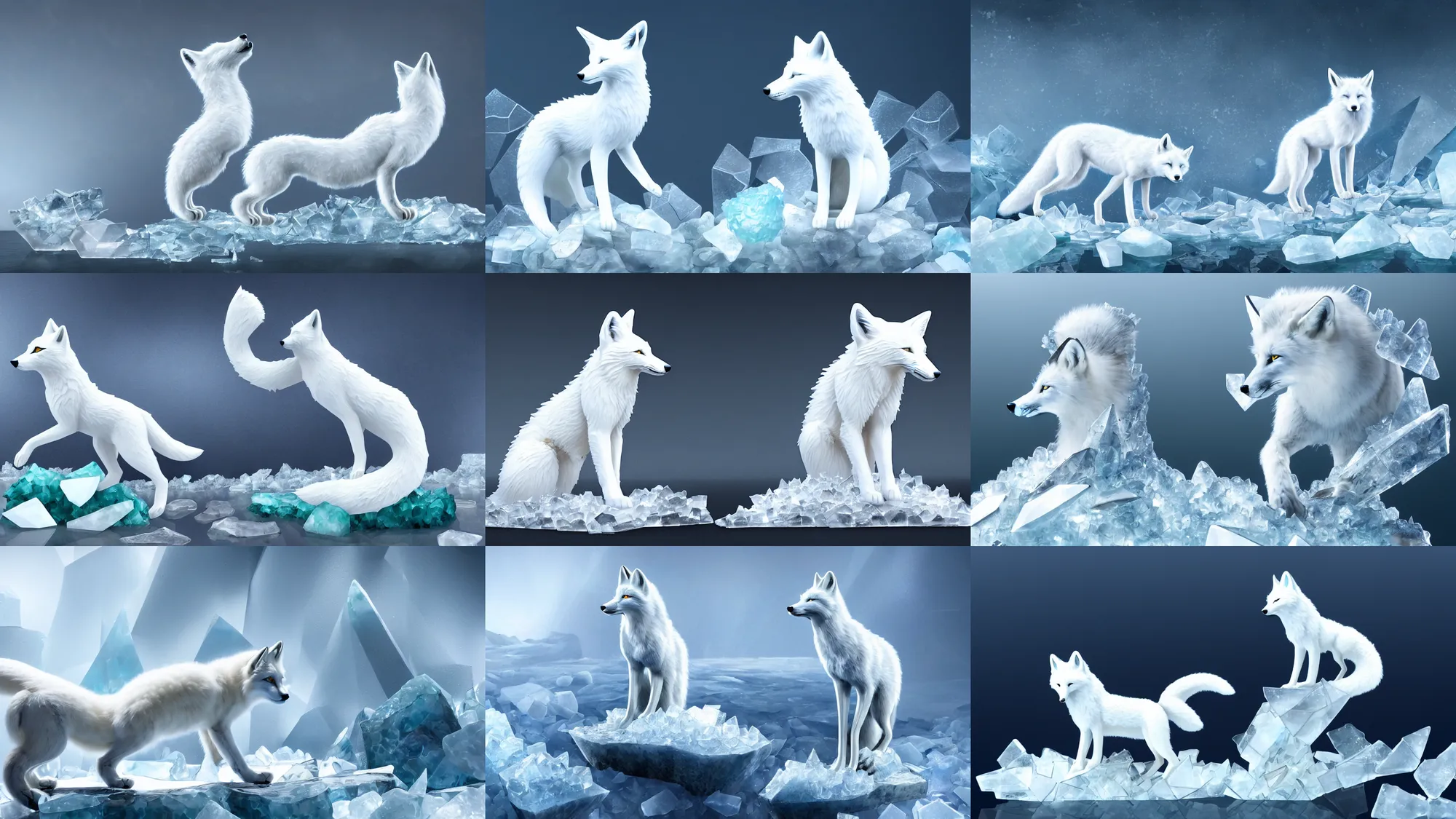 Prompt: jagged glass sculpture of a white fox atop shattered shards of glass in an ice floe, fantasy concept art