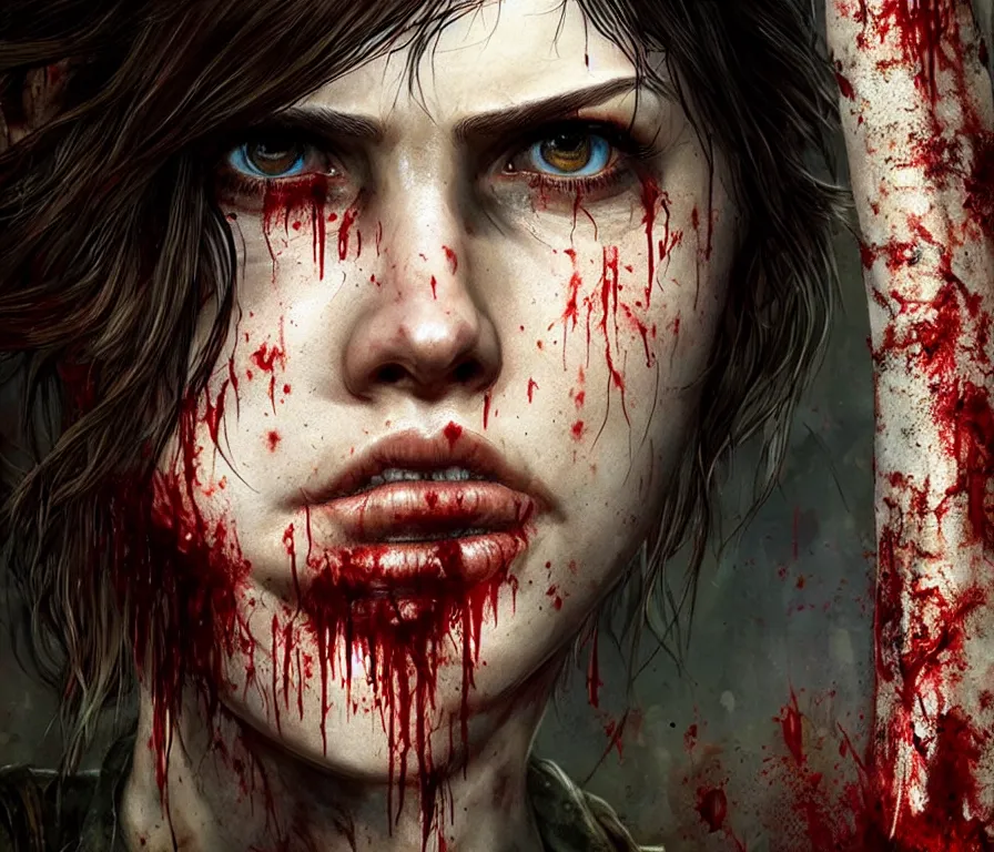 Image similar to ellie from last of us 2, covered in blood, in dark forest, alexandra daddario face!, realistic, sharp focus, hdr, 8 k, high definition, insanely detailed, intricate, elegant, art by stanley lau and artgerm, luis royo, greg kutkowski