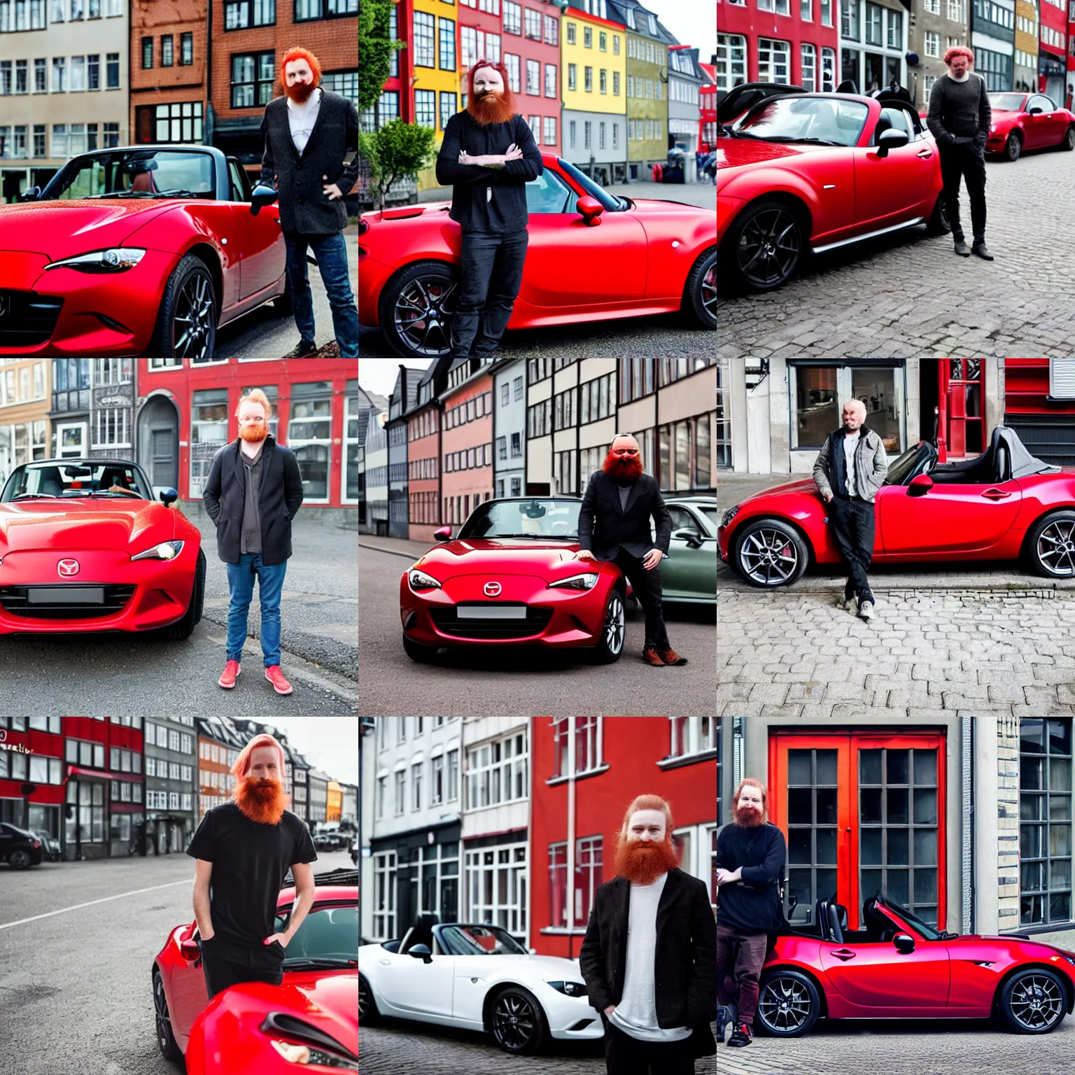 Prompt: a red-haired Danish man with a beard, posing next to a red mazda mx-5 on a street in copenhagen