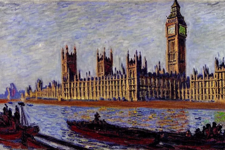 Prompt: Palace of Westminster, illustrated by Claude Monet, very detailed