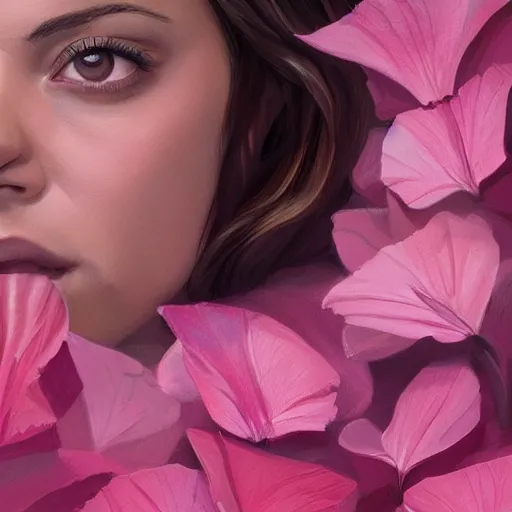 Prompt: pink petals with a ahape of a wonderful aubrey plaza and christina ricci and sarah hyland and mila kunis and olivia newton john, intricate, elegant, highly detailed, wonderful eyes, sweet, digital painting, artstation, concept art, smooth, sharp focus, illustration, art by artgerm and greg rutkowski and concept art