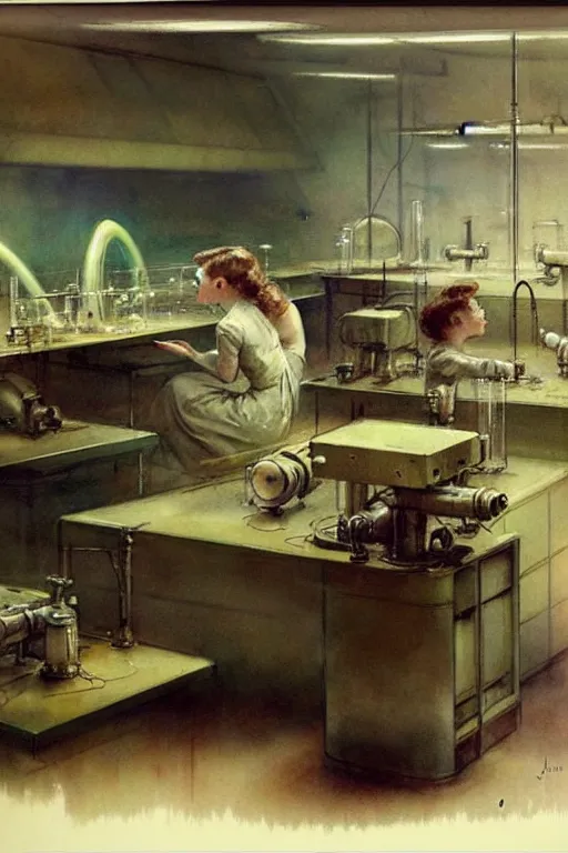 Image similar to ( ( ( ( ( 1 9 5 0 s retro science fiction laboratory interior scene. muted colors. ) ) ) ) ) by jean - baptiste monge!!!!!!!!!!!!!!!!!!!!!!!!!!!!!!