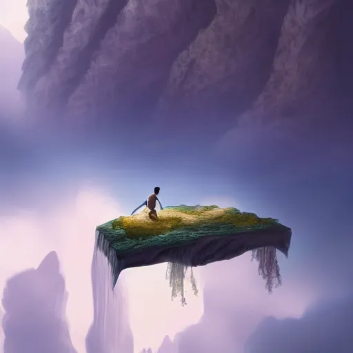 Image similar to a boy on a flying mattress in the clouds looking at natural forested canyons and waterfalls below, mist, mystical, magic, concept art, digital art