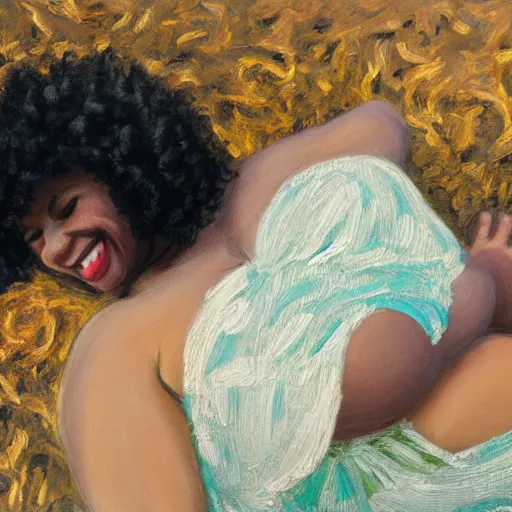 Image similar to pregnant black woman with curly hair, laying down, a tiny black puppy running around, golden hour, vintage, impressionist painting, fine art, oil painting, dreamy, pastel, laughing, happy, intricate details, sharp, peaceful, serene