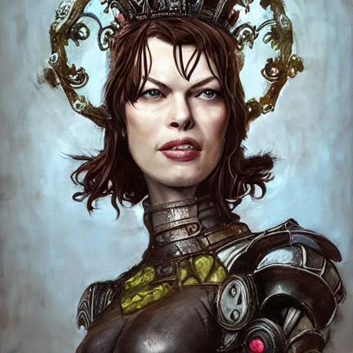 Image similar to doctor octavius as an attractive young smiling woman played by milla jovovich wearing a mushroom crown and heavy armoured wedding dress, face portrait, hd shot, digital portrait, elegant, beautiful, fantasy art, artstation, comic style, by artgerm, guy denning, jakub rozalski, magali villeneuve and charlie bowater