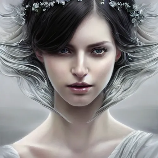 Image similar to an beautiful goddess in a short sleeved white blouse and white long flowing hair, modern, wet skin, shiny, fine art, awesome fantasy book cover on Pinterest, award winning, dark fantasy landscape, fantasy magic, intricate, elegant, sharp focus, cinematic lighting, highly detailed, digital painting, concept art, art by WLOP and Artgerm and Greg Rutkowski, masterpiece, trending on artstation, 8K