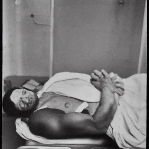 Prompt: medical photograph of a man lying in a hospital gurney possessed by a dybbuk