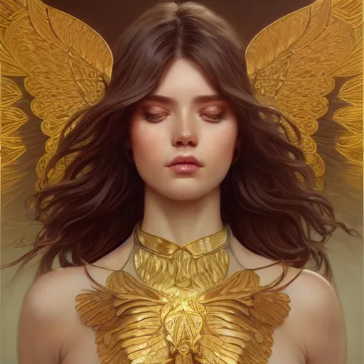 Image similar to wide angle full body portrait of an angel with a perfect face and perfect body, golden wings, intricate, highly detailed, digital painting, artstation, concept art, smooth, sharp focus, illustration, Unreal Engine 5, 8K, art by artgerm and greg rutkowski and alphonse mucha