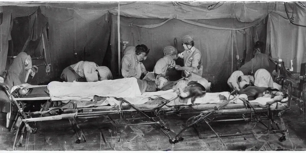 Image similar to photograph in a ww 2 field hospital, hamsters on stretchers, hamster medics caring for injured hamsters, no humans in the image, detailed