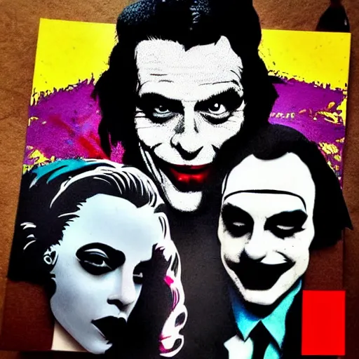 Image similar to mimmo rottela and banksy as joaquin phoenix skinny joker holding hand lady gaga harley queen, ultra photorealistic, intricate details, pop art style, concept art, 3 colors, 4 d, smooth, sharp focus