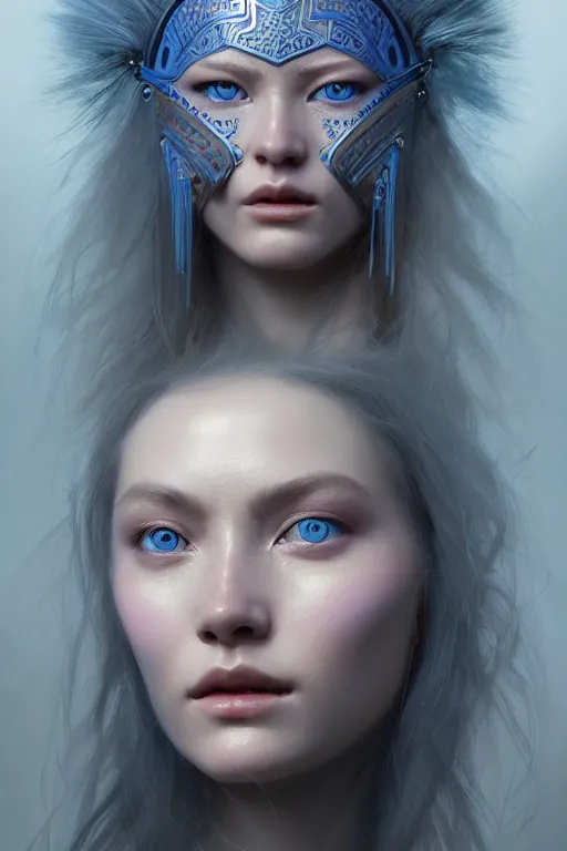 Image similar to ultra detailed facial portrait of beautiful nordic woman, blue eyes, wearing a tribal mask, extremely detailed digital painting, in the style of fenghua zhong and ruan jia and jeremy lipking and peter mohrbacher, mystical colors, rim light, beautiful lighting, 8 k, stunning scene, raytracing, octane, trending on artstation