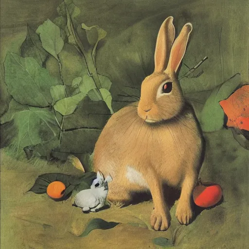 Prompt: rabbit in the vegetable garden by john audubon, joan miro, andrew wyeth