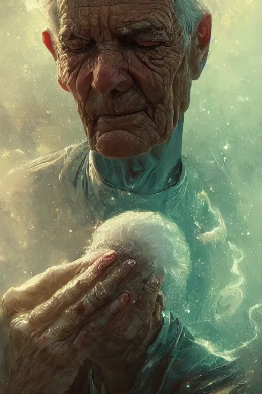 Image similar to the look of an elderly person full of wrinkles and imperfections by artgem and greg rutkowski, highly detailed, high contrast, light reflection, trippy, nebula, trending on artstation
