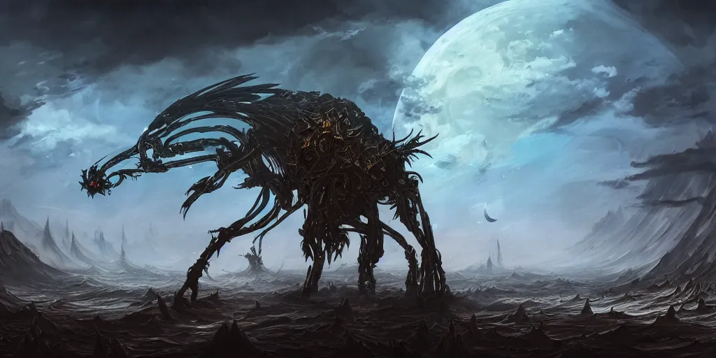Prompt: concept art of giant alien robot, cel shading, sharp details, renaissance, roaring, melting horror, round moon, rich clouds, fighting the horrors of the unknown, mirrors, very detailed, volumetric light, mist, grim, fine art, decaying, textured oil over canvas, epic fantasy art, very colorful, ornate scales, anato finnstark