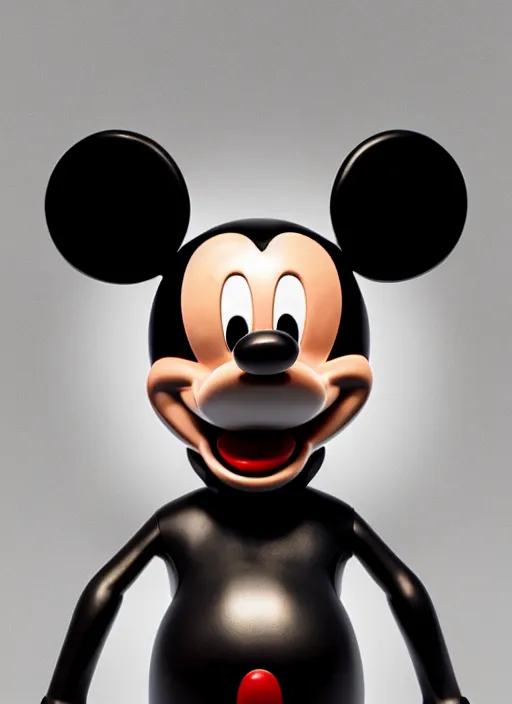 Image similar to stylized shiny latex rubber leather ornate statue full body made of marble of disney character mickey mouse, perfect symmetrical body, perfect symmetrical face, hyper realistic, hyper detailed, by johannen voss, by michelangelo, octane render, blender, 8 k, displayed in pure white studio room