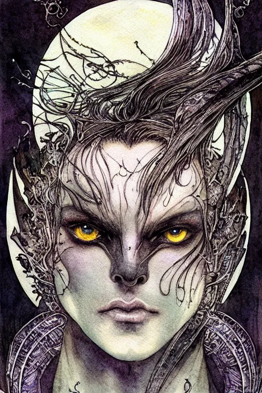 Image similar to dark fairy handsome male face closeup surrounded by a circular frame of bat wings, art by luis royo and walter crane and kay nielsen, watercolor illustration, ultra sharp focus