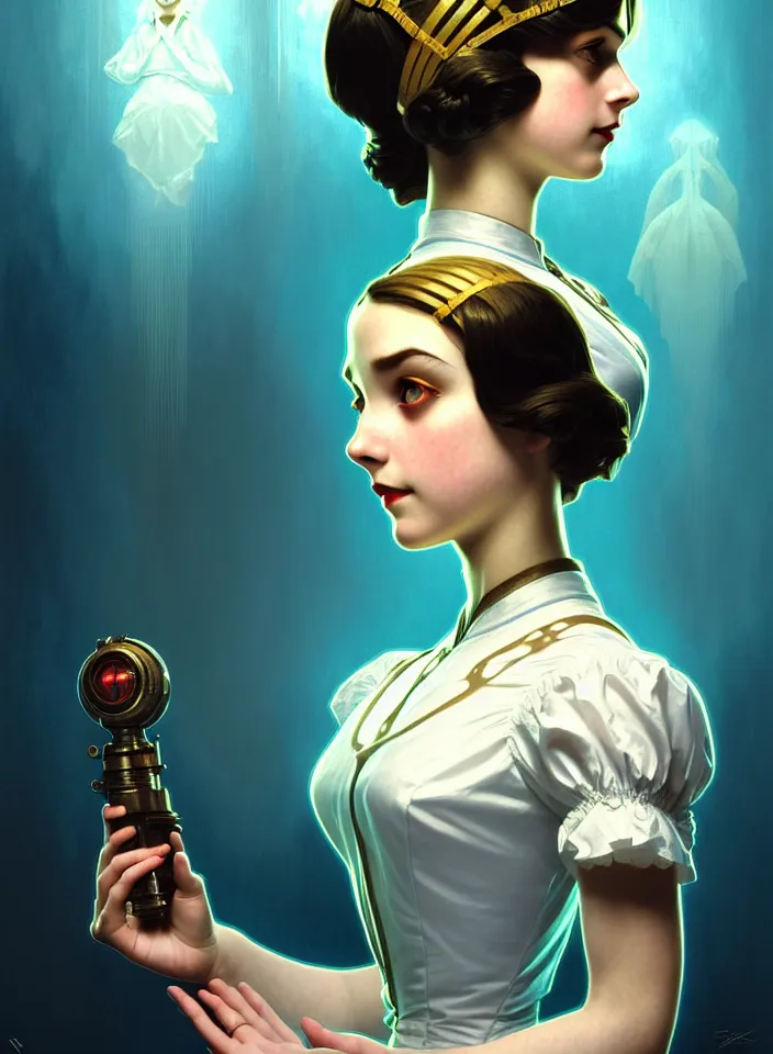 Image similar to symmetry!! portrait of a young elizabeth from bioshock, vintage dress, glowing headband!! underwater atmosphere, intricate, serene, highly detailed, digital painting, artstation, symmetric concept art, smooth, sharp focus, illustration, art by artgerm and greg rutkowski and alphonse mucha, 8 k