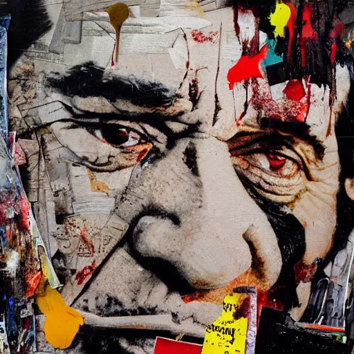 Image similar to hyperrealistic, photorealistic, mixed media oil painting of johnny cash, magazine scraps, plaster, blood, oil, mustard, cigarettes, splatter, trending on artstation, award - winning painting, greg rutkowski, basquiat, ralph steadman, terry gilliam