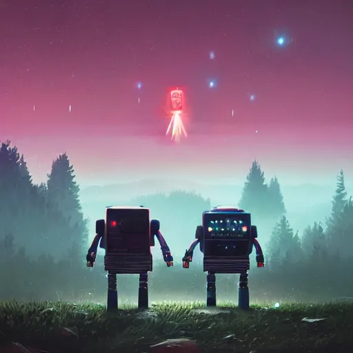 Image similar to Two robots hugging each other while watching a shooting star in the night sky, cinematic lighting, insanely detailed, intricate, artstation, cgsociety, painted by Simon Stalenhag, concept art, illustration, sharp focus,