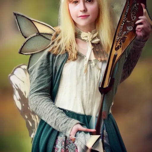 Image similar to elfen fairy, bard, lute, art student, cardigan, blonde