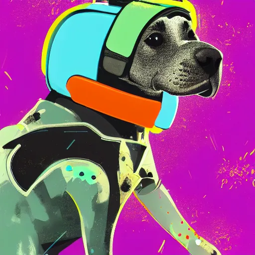 Image similar to illustration of cyberpunk puppy in vr helmet, colorful splatters, by andy warhol and by zac retz and by kezie demessance