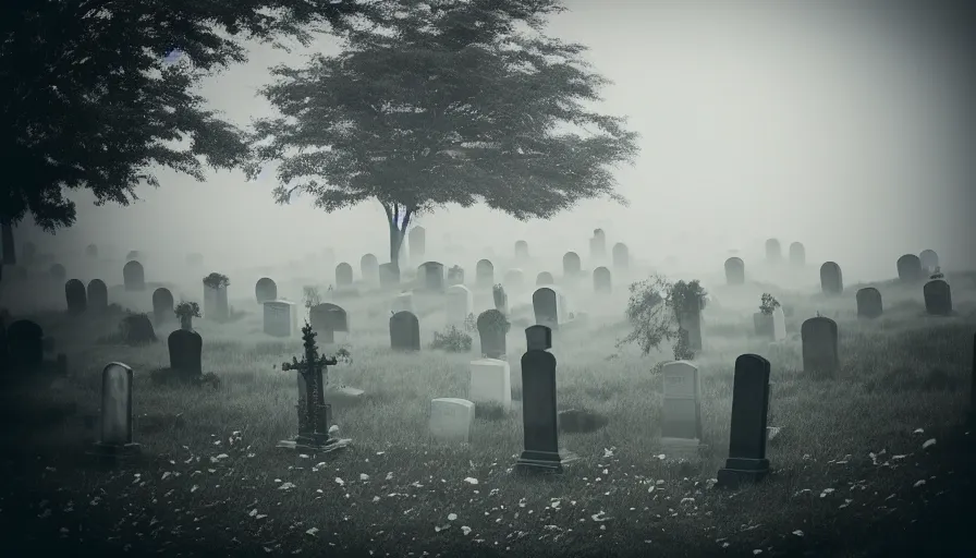 Prompt: a photograph of a ghost floating above a cemetary by a beach, ethereal, misty, muted colors, landscape