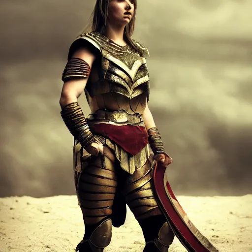 Image similar to pretty female gladiator wearing armor in the arena, shallow depth of field, moody lighting, 8 k, concept art,