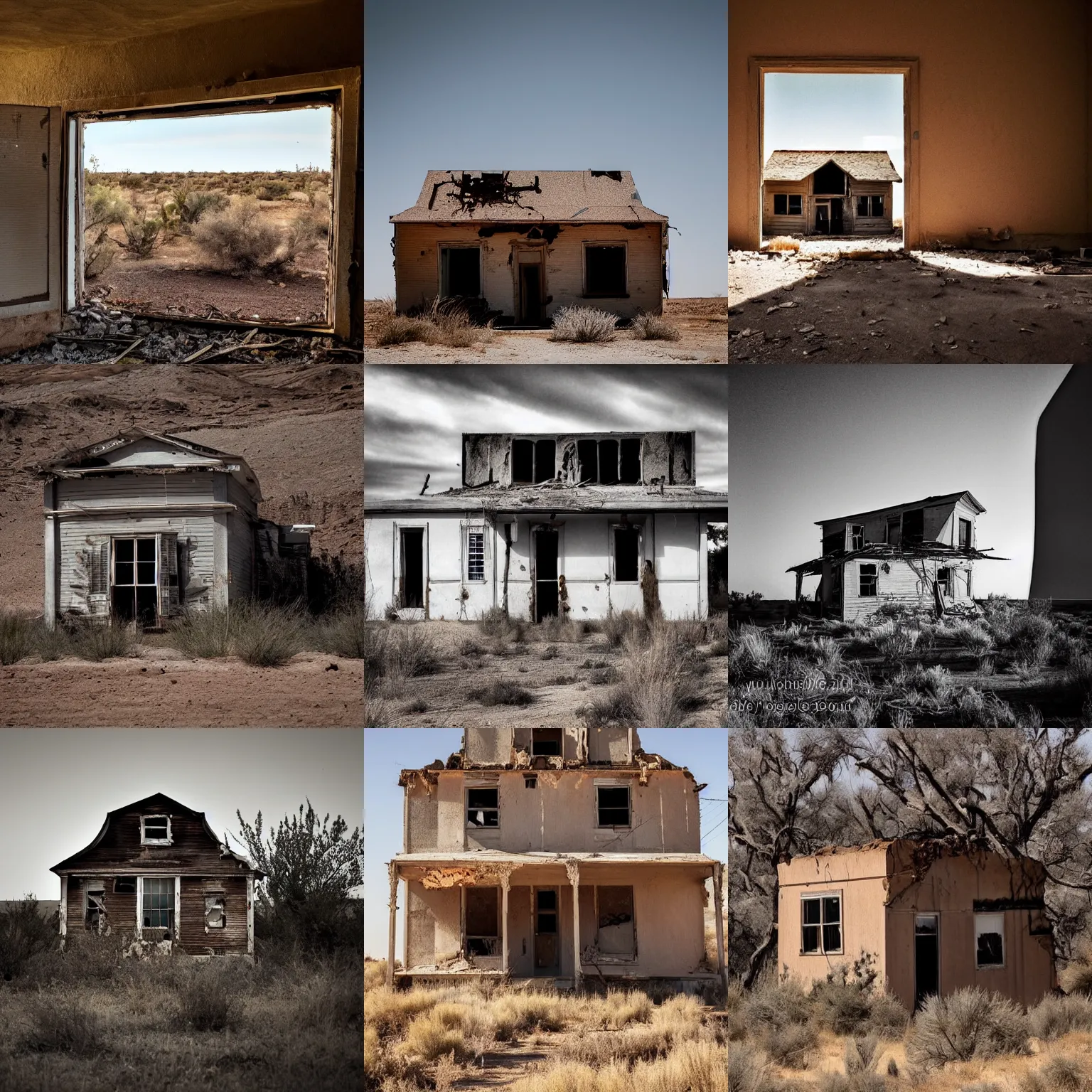 Prompt: abandoned house in the middle of desert, unsettling photo